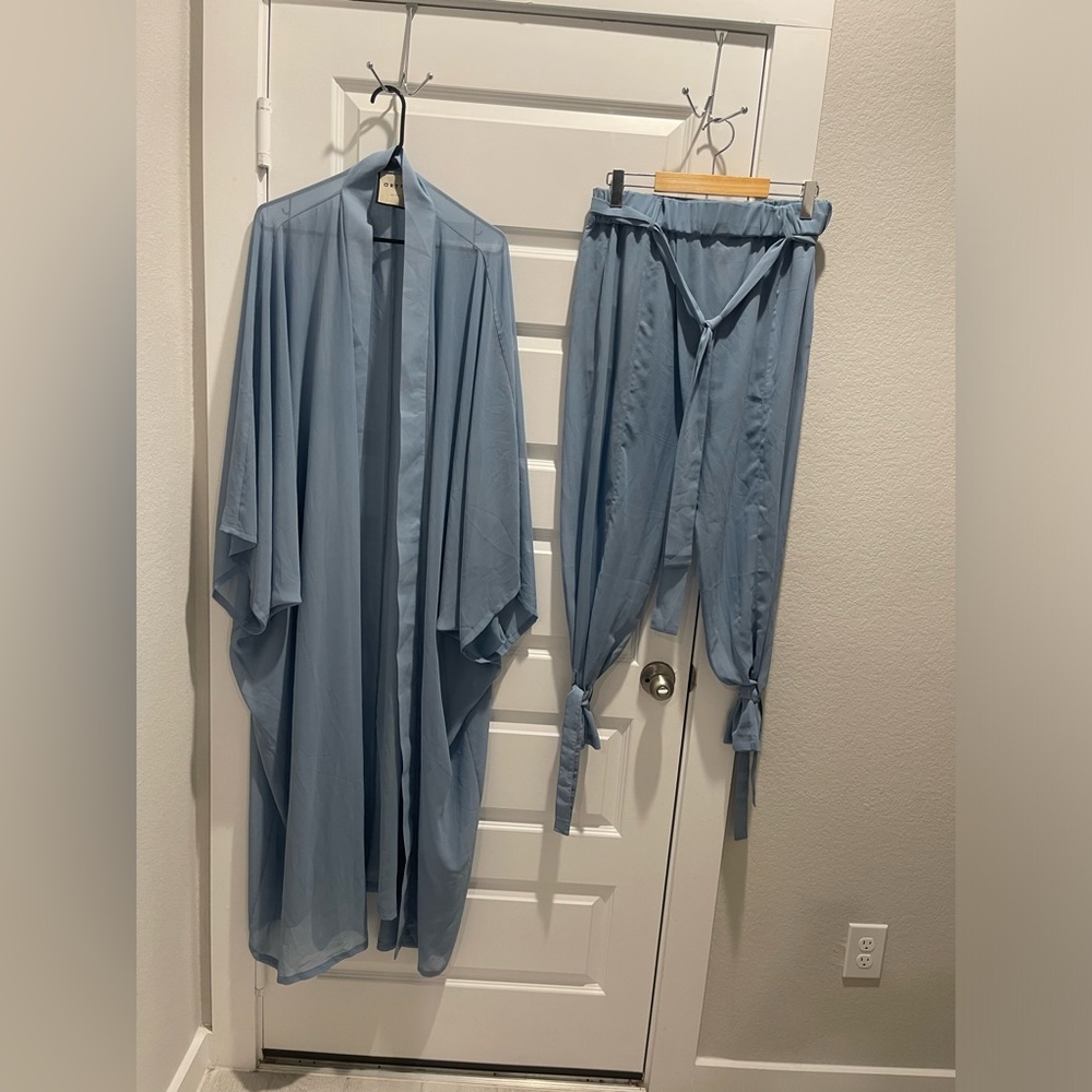 Orttu 2pc set chiffon sheer Kimono & Belted pant Sz Large